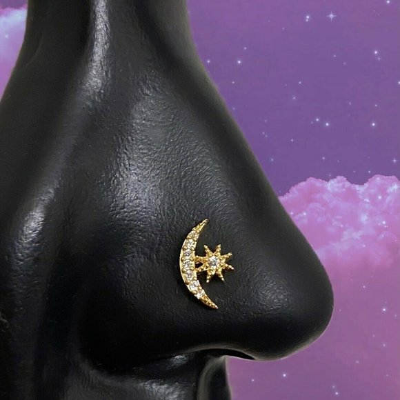Crescent Moon & Star Nosestud Made Of Surgical Steel With Cubic Zirconia Diamond - Picture 2 of 2